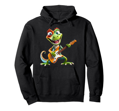 Cartoon Lizard Rocker Playing Hoodie - Fun Novelty Design Men Women - T-Shirt, Sweatshirt, Hoodie
