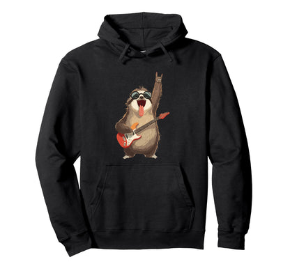 Funny Sloth Guitarist Rock Music Hoodie - Fun Novelty Design for Adults - T-Shirt, Sweatshirt, Hoodie