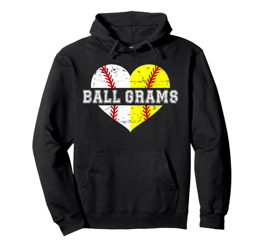 Ball Grams Heart Baseball Softball Hoodie - Casual Everyday Wear Men Women - T-Shirt, Sweatshirt, Hoodie