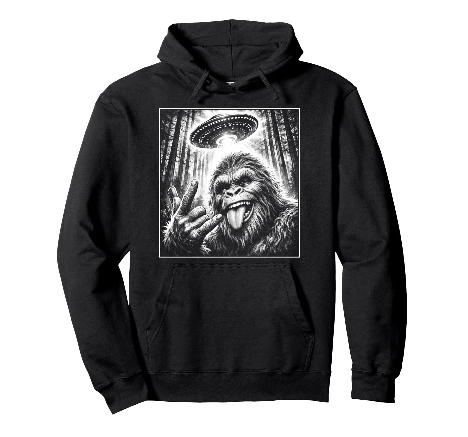 Bigfoot Alien Selfie Rock Sasquatch Hoodie - Unique Graphic for Adults - T-Shirt, Sweatshirt, Hoodie