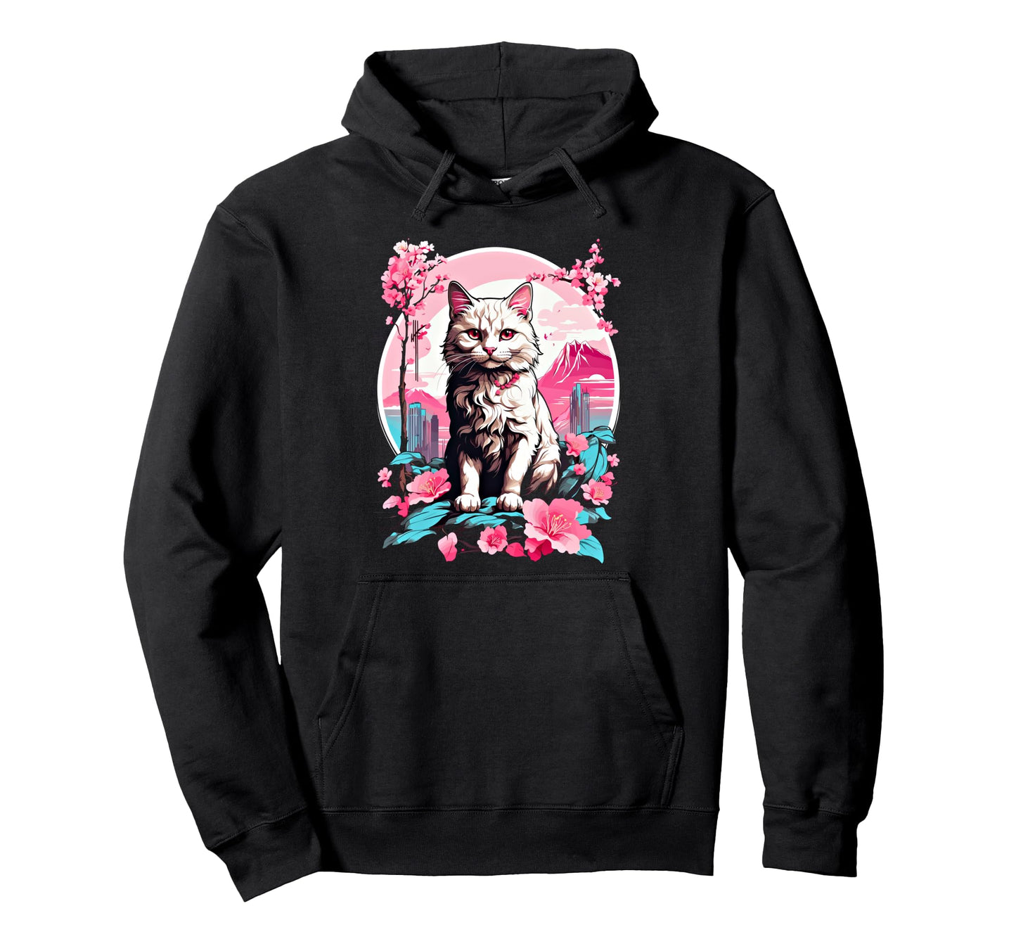 Anime Cat Japanese Aesthetic Japan Cherry Hoodie - Graphic Print Men Women - T-Shirt, Sweatshirt, Hoodie