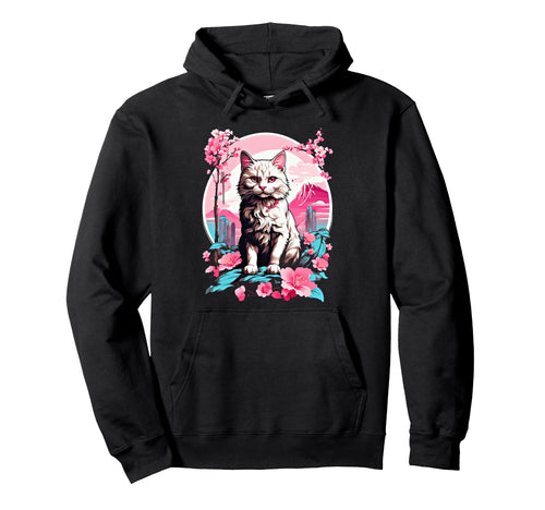 Anime Cat Japanese Aesthetic Japan Cherry Hoodie - Graphic Print Men Women - T-Shirt, Sweatshirt, Hoodie