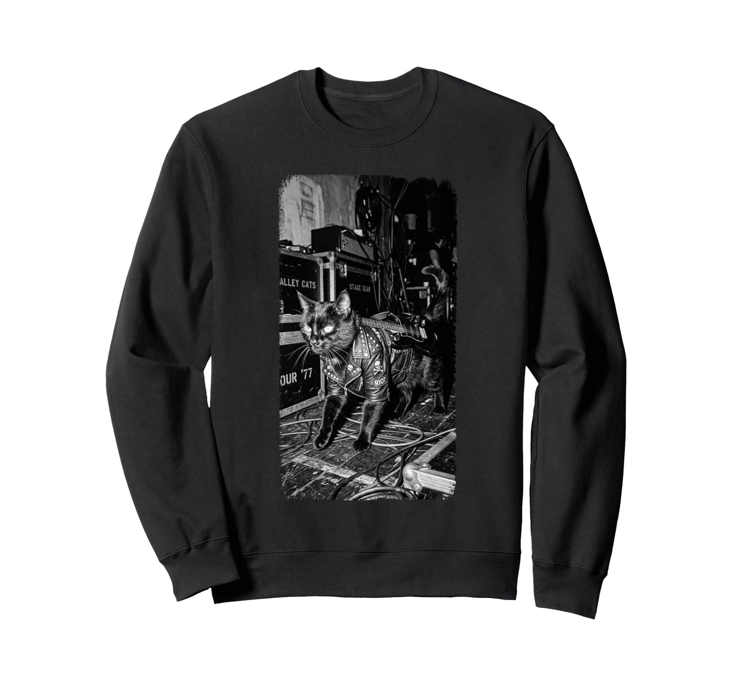 Black Punk Rock Cat Riot Backstage Sweatshirt - Custom Art Print Unisex - T-Shirt, Sweatshirt, Hoodie