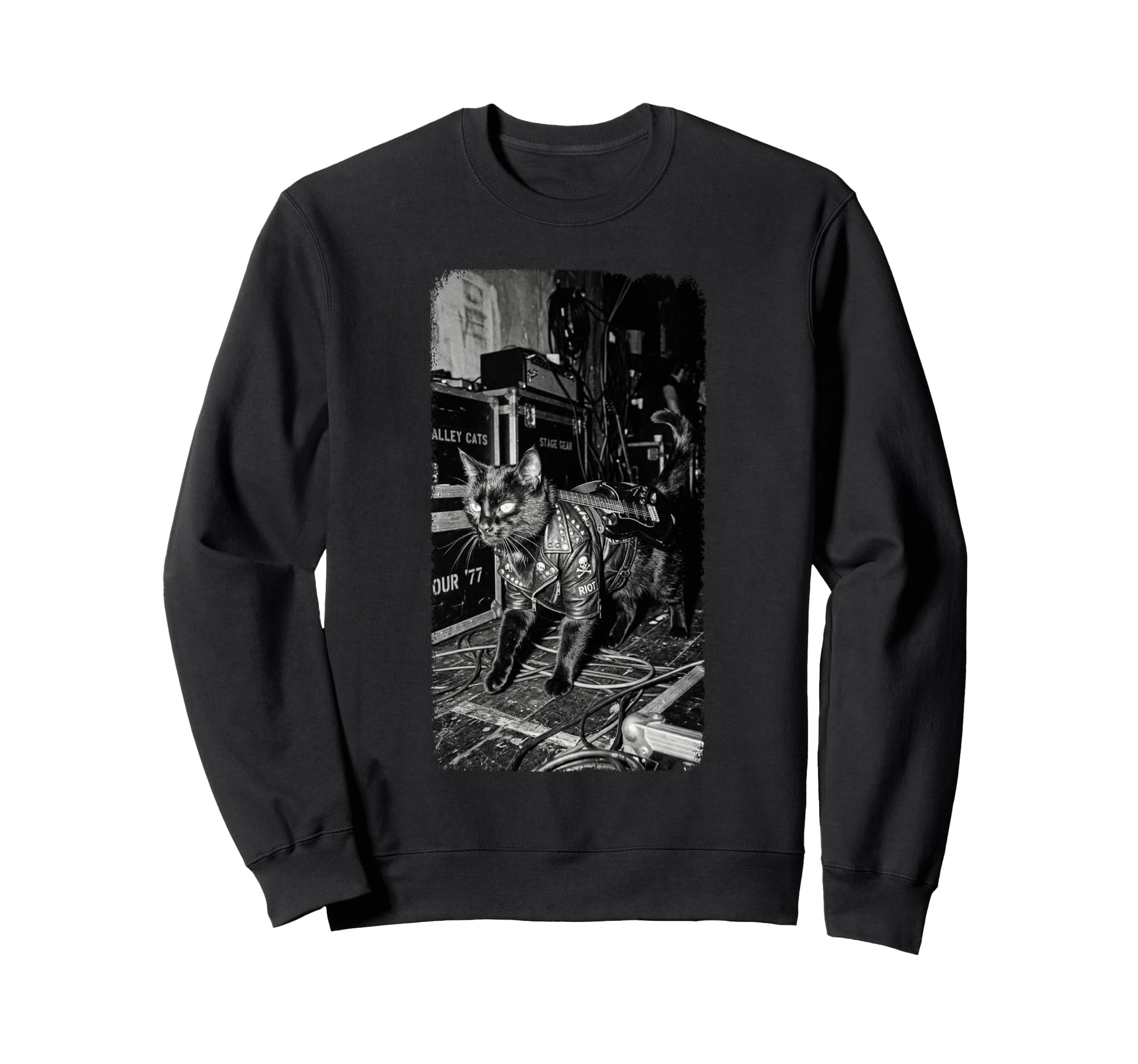 Black Punk Rock Cat Riot Backstage Sweatshirt - Custom Art Print Unisex - T-Shirt, Sweatshirt, Hoodie
