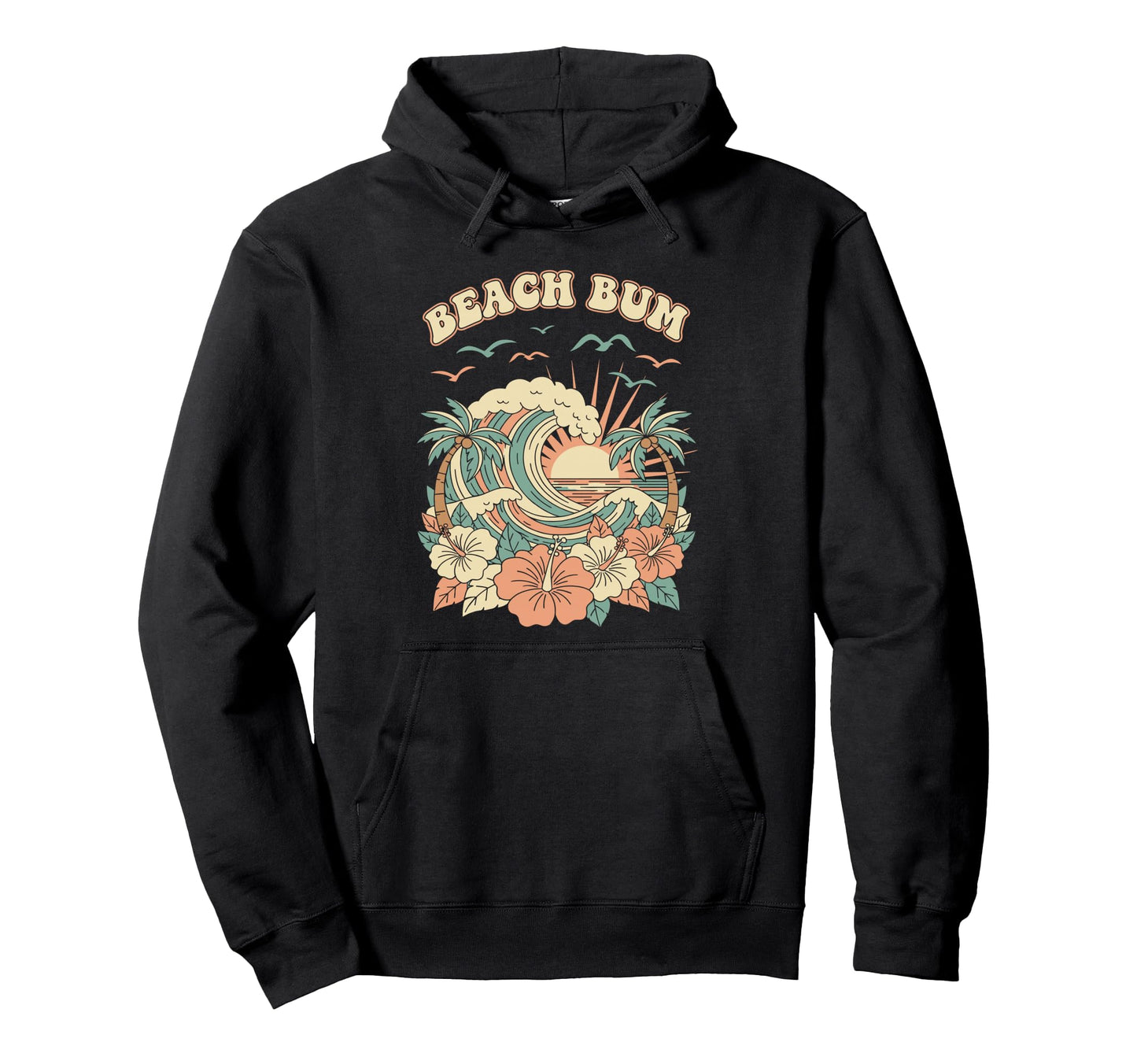 Beach Bum 70S Wave Sunset Hibiscus Flower Hoodie - Unique Graphic Unisex - T-Shirt, Sweatshirt, Hoodie