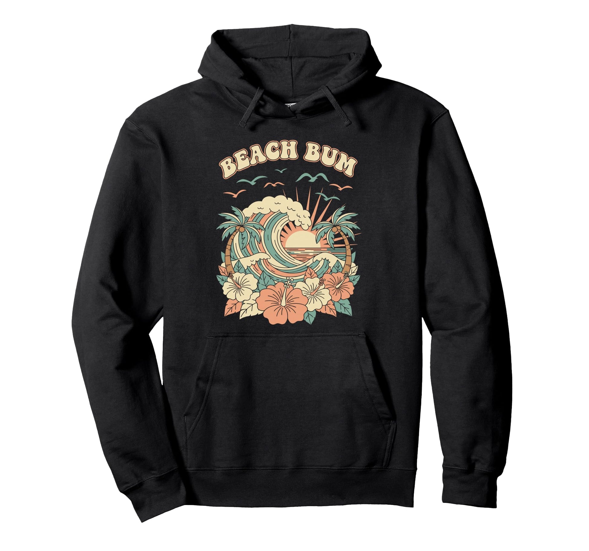 Beach Bum 70S Wave Sunset Hibiscus Flower Hoodie - Unique Graphic Unisex - T-Shirt, Sweatshirt, Hoodie