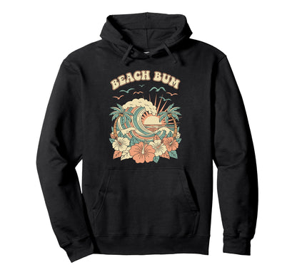Beach Bum 70S Wave Sunset Hibiscus Flower Hoodie - Unique Graphic Unisex - T-Shirt, Sweatshirt, Hoodie