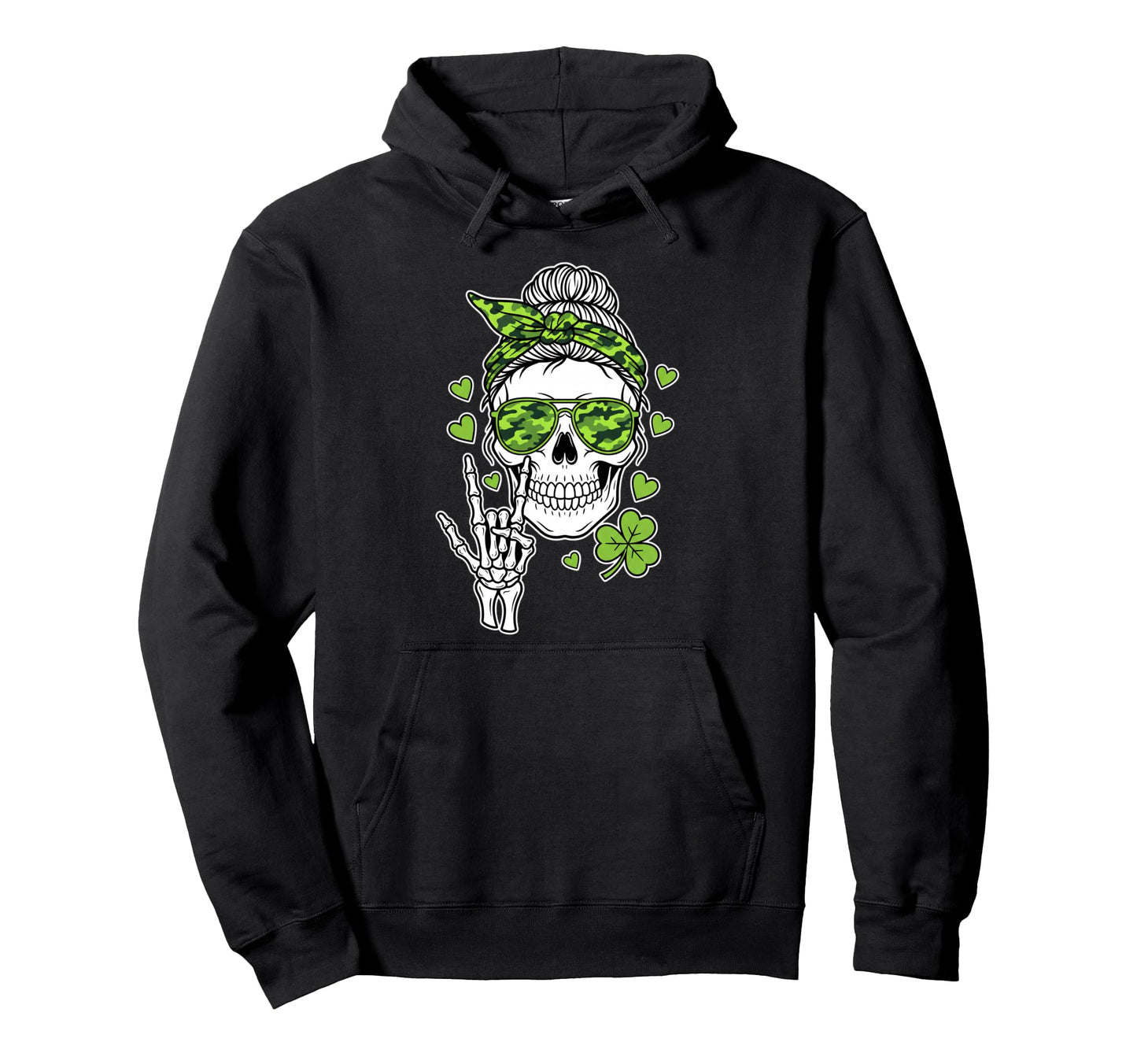 Skull Shamrock Sunglasses Rock Hand Hoodie - Fun Novelty Design for Adults - T-Shirt, Sweatshirt, Hoodie