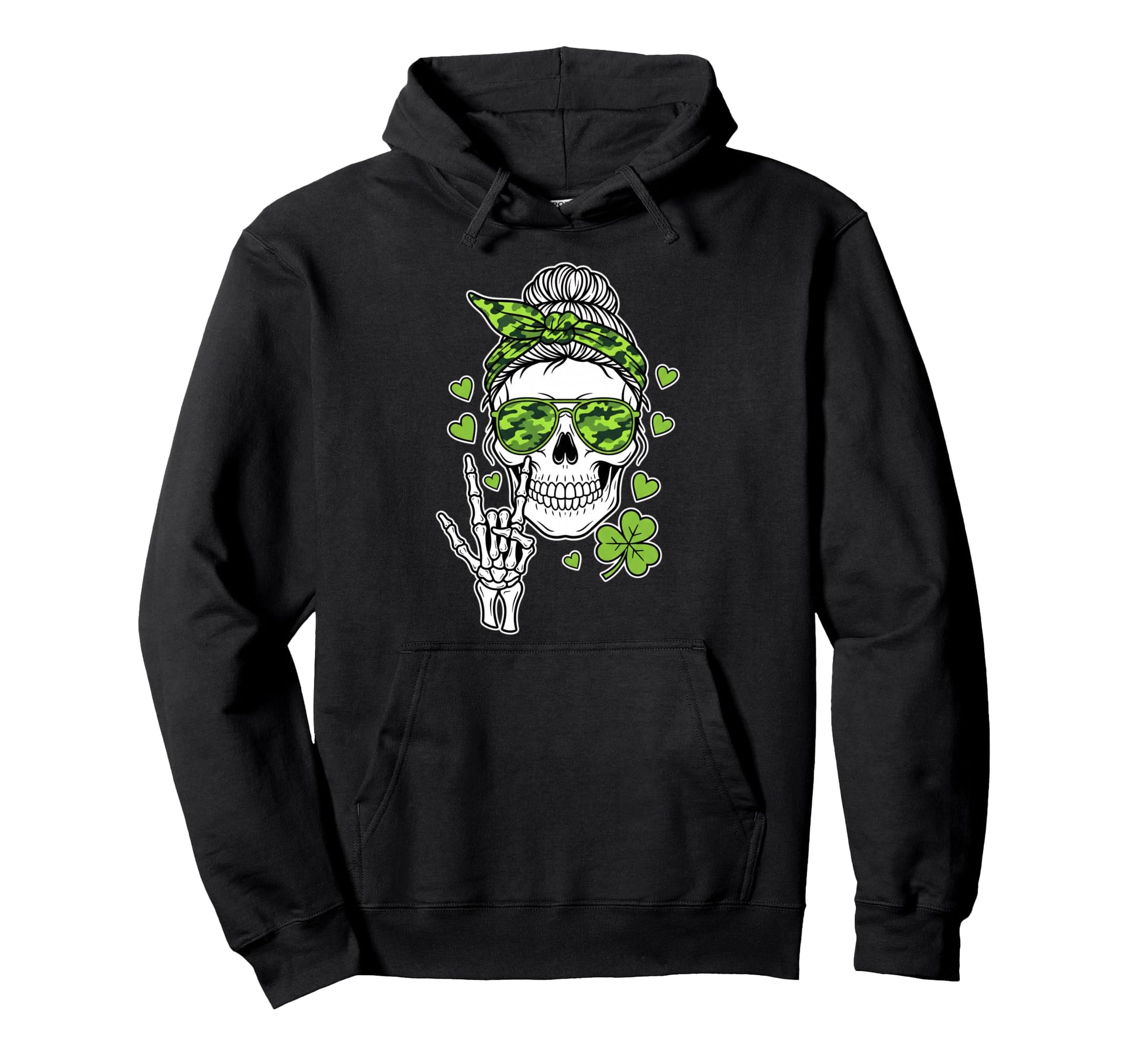 Skull Shamrock Sunglasses Rock Hand Hoodie - Fun Novelty Design for Adults - T-Shirt, Sweatshirt, Hoodie