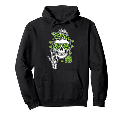 Skull Shamrock Sunglasses Rock Hand Hoodie - Fun Novelty Design for Adults - T-Shirt, Sweatshirt, Hoodie
