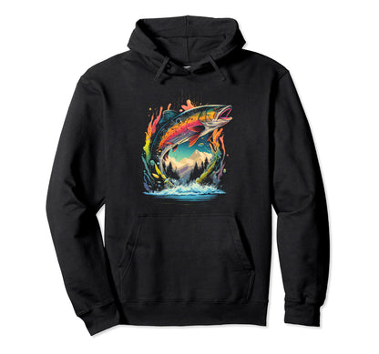 Jumping Rainbow Trout Artistic 80S Fly Hoodie - Novelty Apparel for Adults - T-Shirt, Sweatshirt, Hoodie