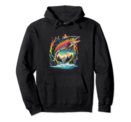 Jumping Rainbow Trout Artistic 80S Fly Hoodie - Novelty Apparel for Adults - T-Shirt, Sweatshirt, Hoodie