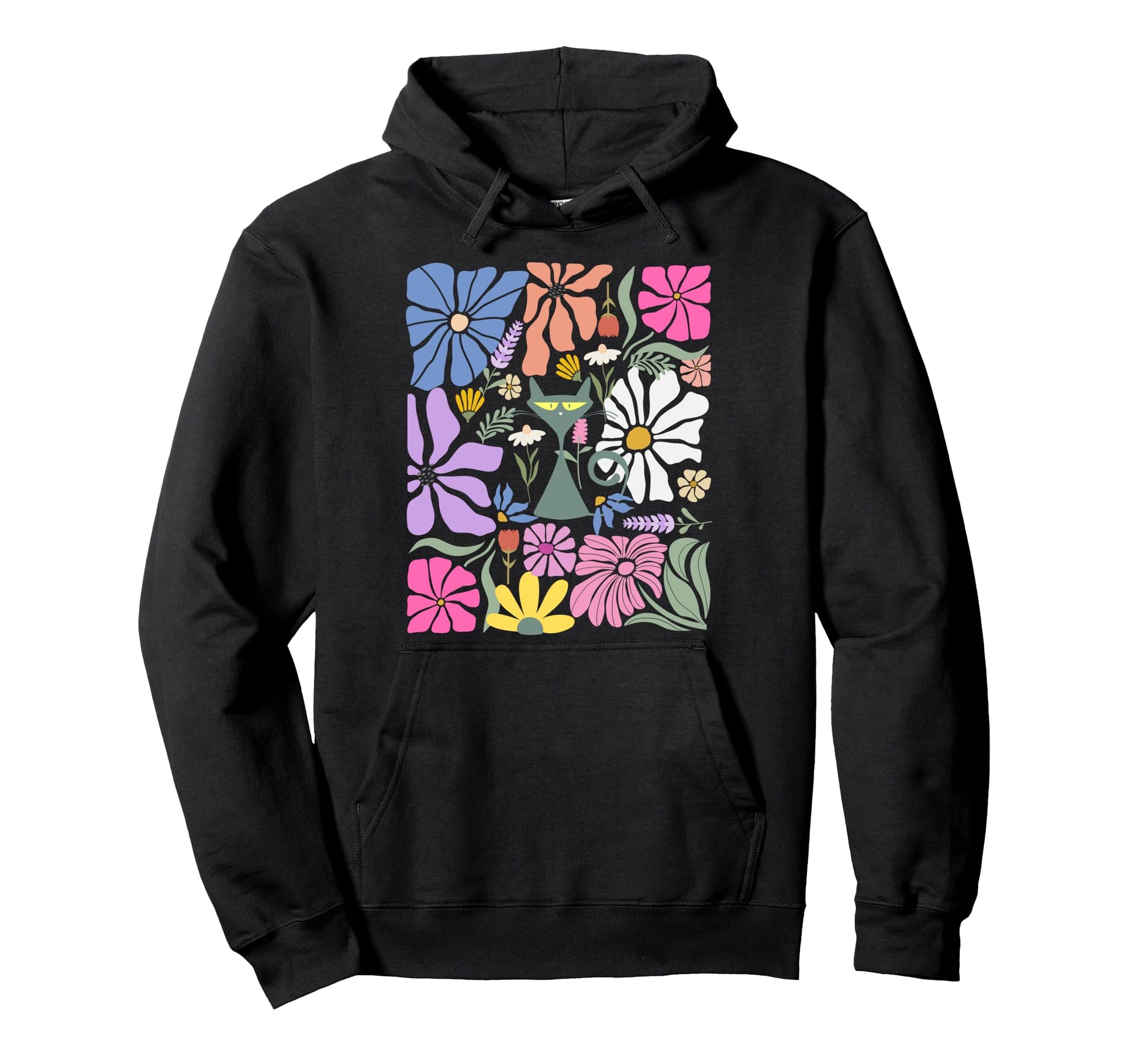Cat Boho Floral Kitty And Abstract Flowers Hoodie - Custom Art Print Unisex - T-Shirt, Sweatshirt, Hoodie
