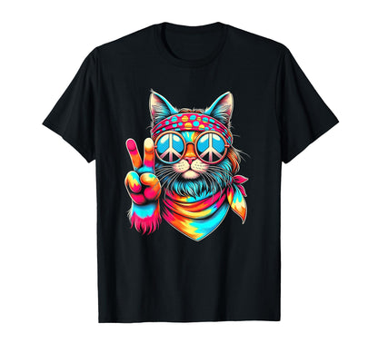 Funny Peace Cat 70S Rainbow Hippie T-Shirt - Fun Novelty Design for Adults - T-Shirt, Sweatshirt, Hoodie