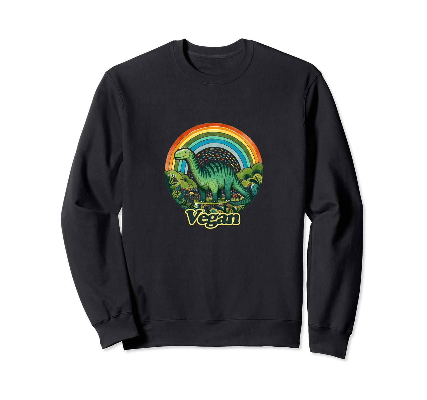Vegan Rainbow Dinosaur Art Green Sweatshirt - Graphic Print Unisex - T-Shirt, Sweatshirt, Hoodie