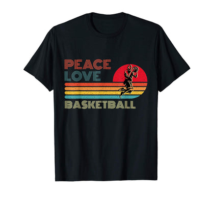 Peace Love Basketball Striped Sunset T-Shirt - Trendy Graphic for Adults - T-Shirt, Sweatshirt, Hoodie