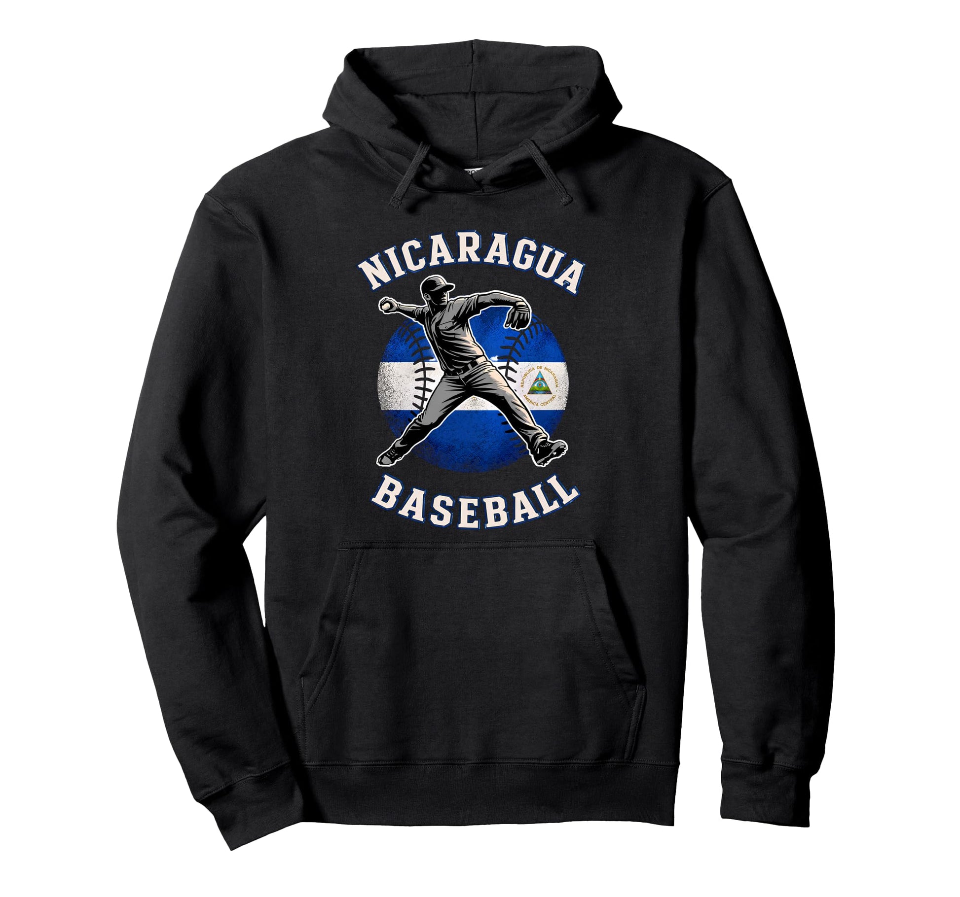 Nicaragua Baseball Pitcher Flag Colors Hoodie - Trendy Graphic for Adults - T-Shirt, Sweatshirt, Hoodie