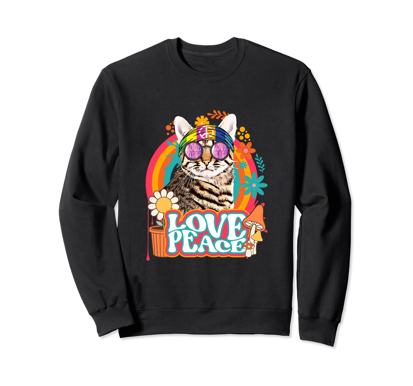 Hippie Cat Rainbow 60S 70S Sweatshirt - Casual Everyday Wear Men Women - T-Shirt, Sweatshirt, Hoodie