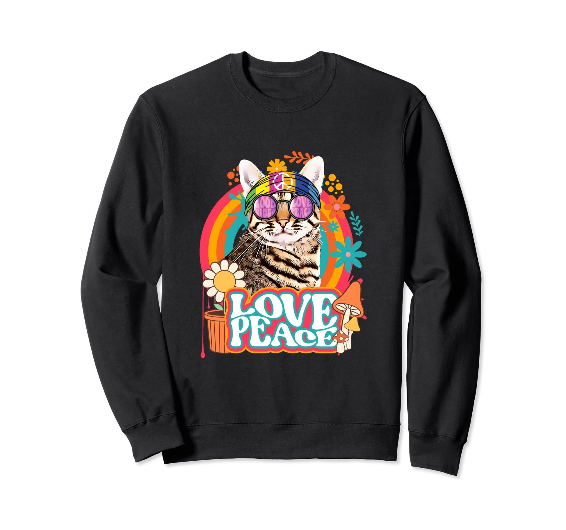 Hippie Cat Rainbow 60S 70S Sweatshirt - Casual Everyday Wear Men Women - T-Shirt, Sweatshirt, Hoodie