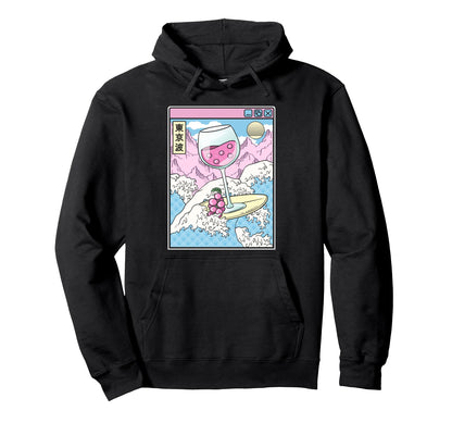 Surfing Wine Glass Japan Waves Anime Hoodie - Custom Art Print Men Women - T-Shirt, Sweatshirt, Hoodie