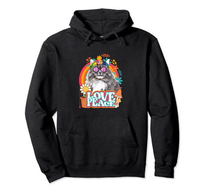 Hippie Cat Rainbow 60S 70S Peace Sign Hoodie - Streetwear Style Men Women - T-Shirt, Sweatshirt, Hoodie