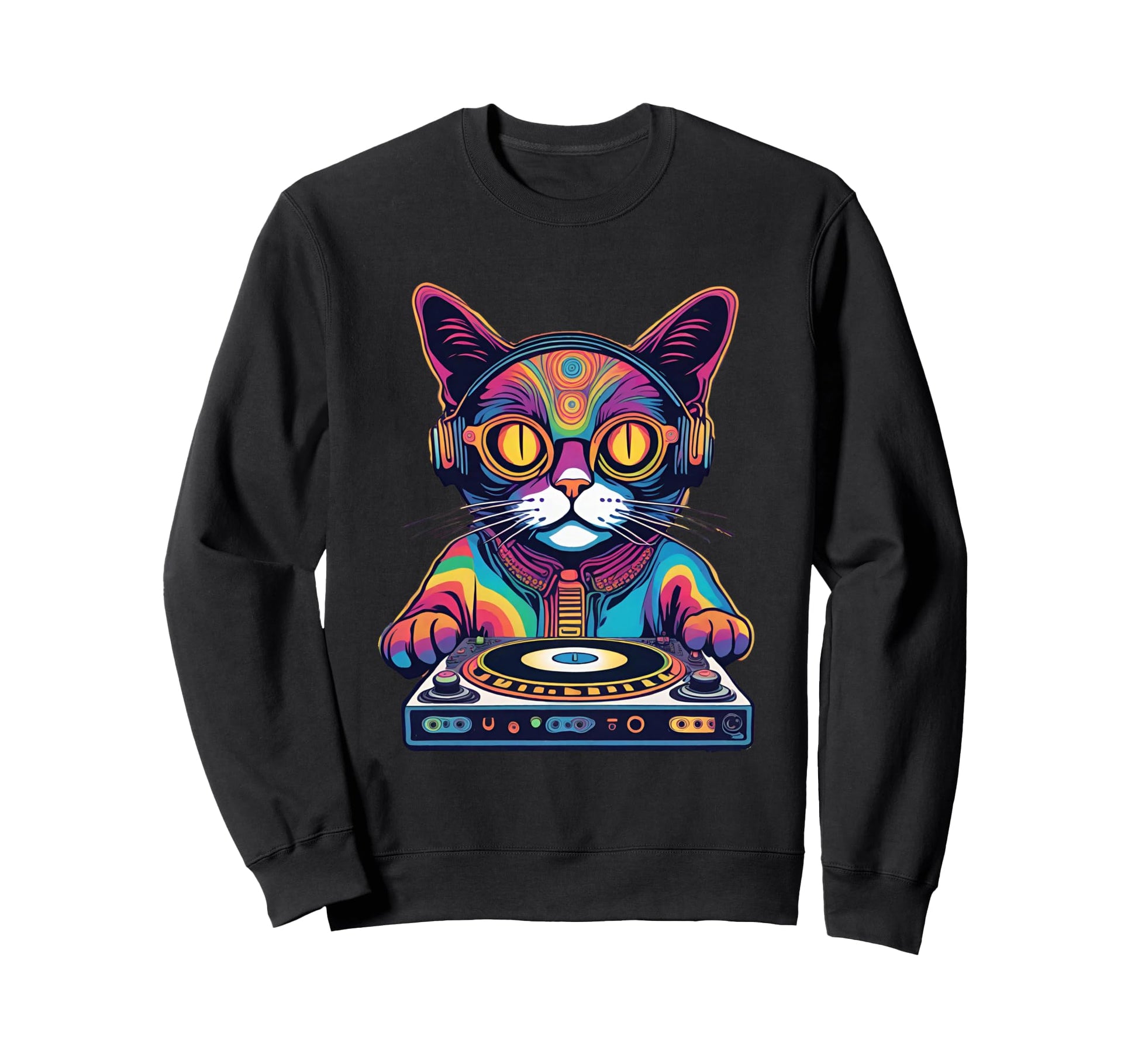 Cat Dj Rainbow Funny Djing Cat Groovy Sweatshirt - Trendy Graphic Unisex - T-Shirt, Sweatshirt, Hoodie