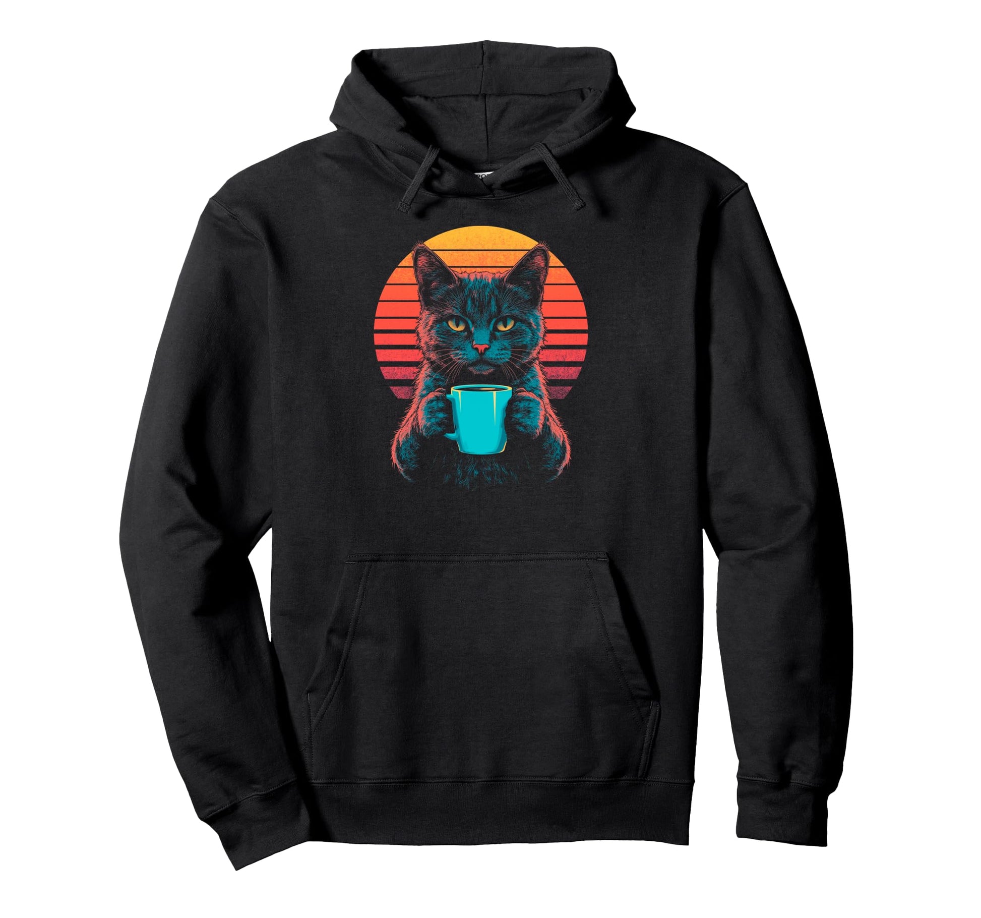 Cat Drinking Coffee Synthwave Vaporwave Hoodie - Trendy Graphic Men Women - T-Shirt, Sweatshirt, Hoodie