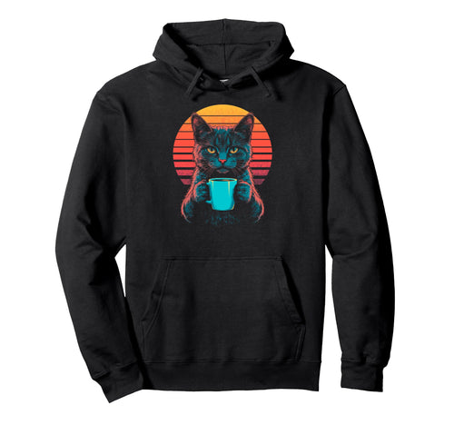 Cat Drinking Coffee Synthwave Vaporwave Hoodie - Trendy Graphic Men Women - T-Shirt, Sweatshirt, Hoodie