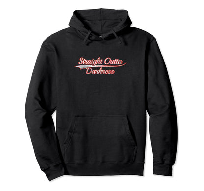 Straight Outta Darkness Varsity Distressed Hoodie - Unique Graphic Unisex - T-Shirt, Sweatshirt, Hoodie