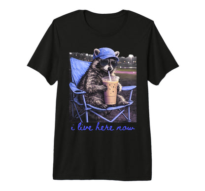 I Live Here Now Racoon Coffee Ballfield T-Shirt - Graphic Print for Adults - T-Shirt, Sweatshirt, Hoodie