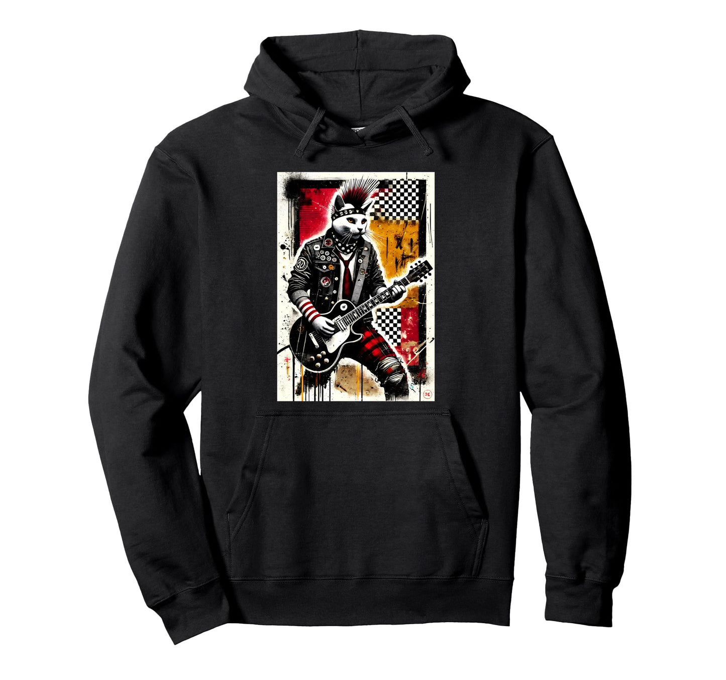 Distressed Cat Playing Guitar Punk Rock Hoodie - Novelty Apparel Unisex - T-Shirt, Sweatshirt, Hoodie