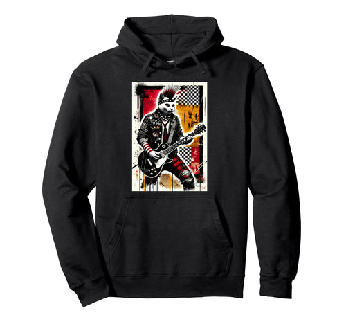 Distressed Cat Playing Guitar Punk Rock Hoodie - Novelty Apparel Unisex - T-Shirt, Sweatshirt, Hoodie