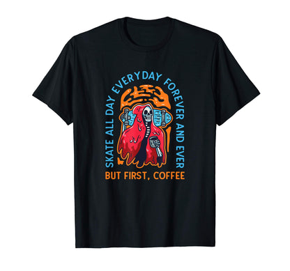 Skateboard Skull Skateboarding Coffee 90S T-Shirt - Unique Graphic Unisex - T-Shirt, Sweatshirt, Hoodie