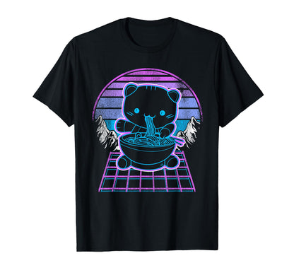 Ramen Cat Kawaii Retrowave Sunset T-Shirt - Fun Novelty Design Men Women - T-Shirt, Sweatshirt, Hoodie