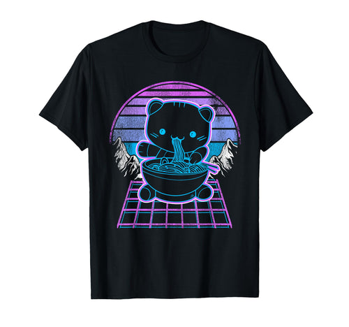 Ramen Cat Kawaii Retrowave Sunset T-Shirt - Fun Novelty Design Men Women - T-Shirt, Sweatshirt, Hoodie