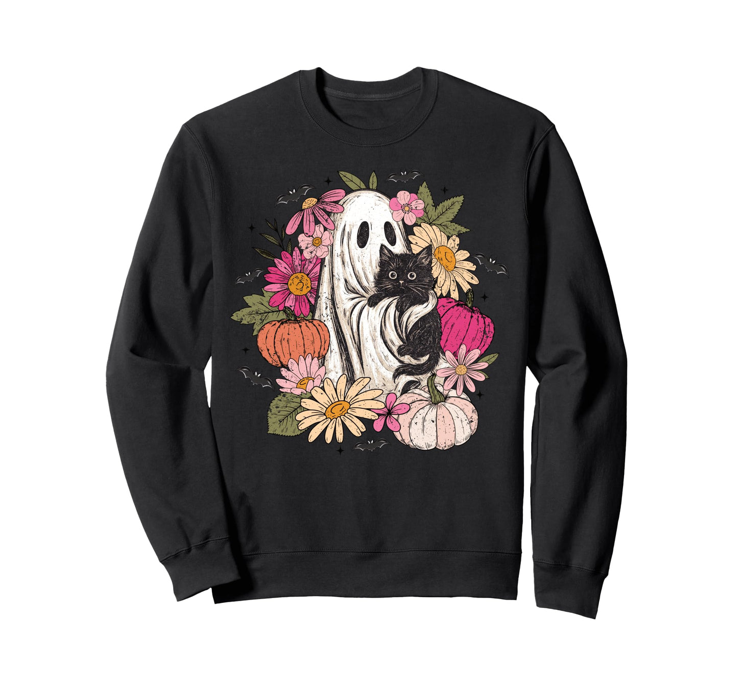 Ghost Black Cat Floral Boho Sweatshirt - Custom Art Print Men Women - T-Shirt, Sweatshirt, Hoodie