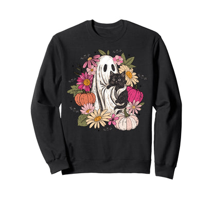 Ghost Black Cat Floral Boho Sweatshirt - Custom Art Print Men Women - T-Shirt, Sweatshirt, Hoodie