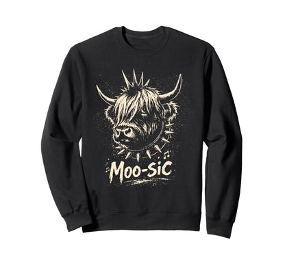 Moo Sic Punk Rock Cow Sweatshirt - Casual Everyday Wear Men Women - T-Shirt, Sweatshirt, Hoodie