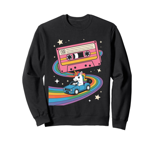 Unicorn Driving Car Rainbow Cassette Sweatshirt - Fun Novelty Design Unisex - T-Shirt, Sweatshirt, Hoodie