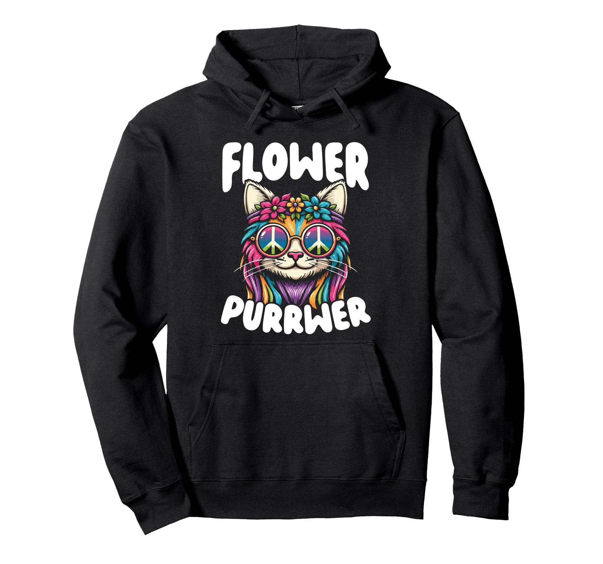 Flower Purrwer Hippie Cat Rainbow Hoodie - Fun Novelty Design Unisex - T-Shirt, Sweatshirt, Hoodie