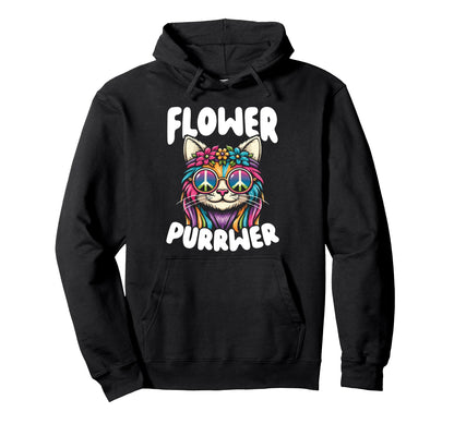 Flower Purrwer Hippie Cat Rainbow Hoodie - Fun Novelty Design Unisex - T-Shirt, Sweatshirt, Hoodie
