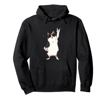 Cat Sunglasses Rock Funny Animal Hoodie - Graphic Print Men Women - T-Shirt, Sweatshirt, Hoodie