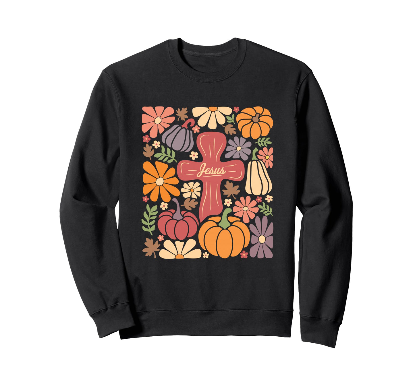Jesus Cross Boho Pumpkin Flower Sweatshirt - Graphic Print Men Women - T-Shirt, Sweatshirt, Hoodie