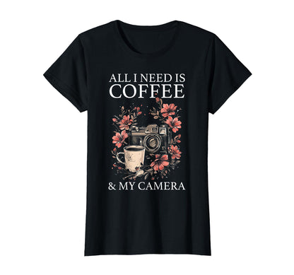 Photographer Coffee Camera Flowers T-Shirt - Minimalist Print Unisex - T-Shirt, Sweatshirt, Hoodie