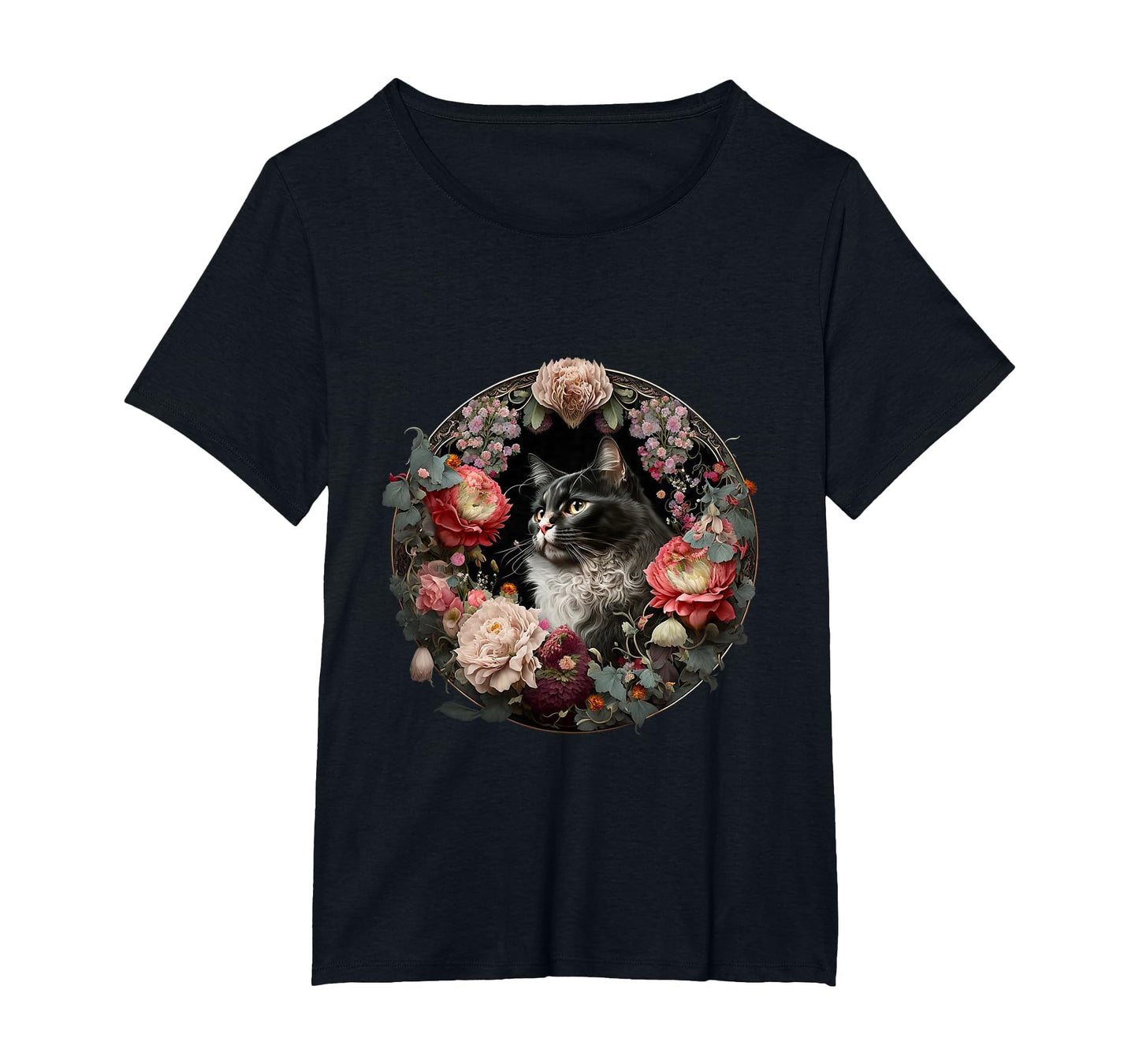 Boho Black Cat Flower Kawaii Peony T-Shirt - Aesthetic Graphic for Adults - T-Shirt, Sweatshirt, Hoodie