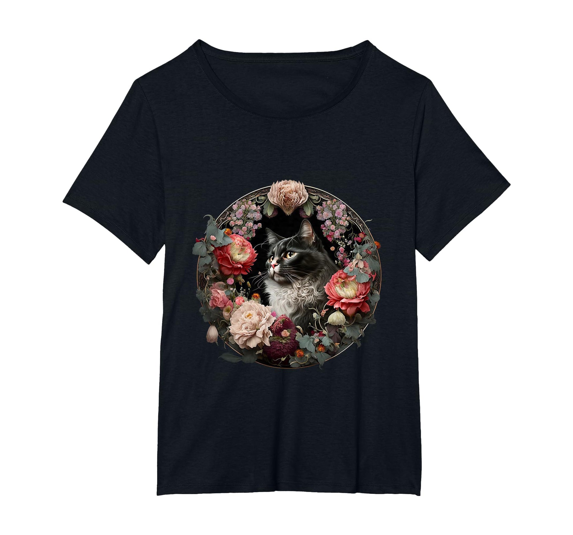 Boho Black Cat Flower Kawaii Peony T-Shirt - Aesthetic Graphic for Adults - T-Shirt, Sweatshirt, Hoodie
