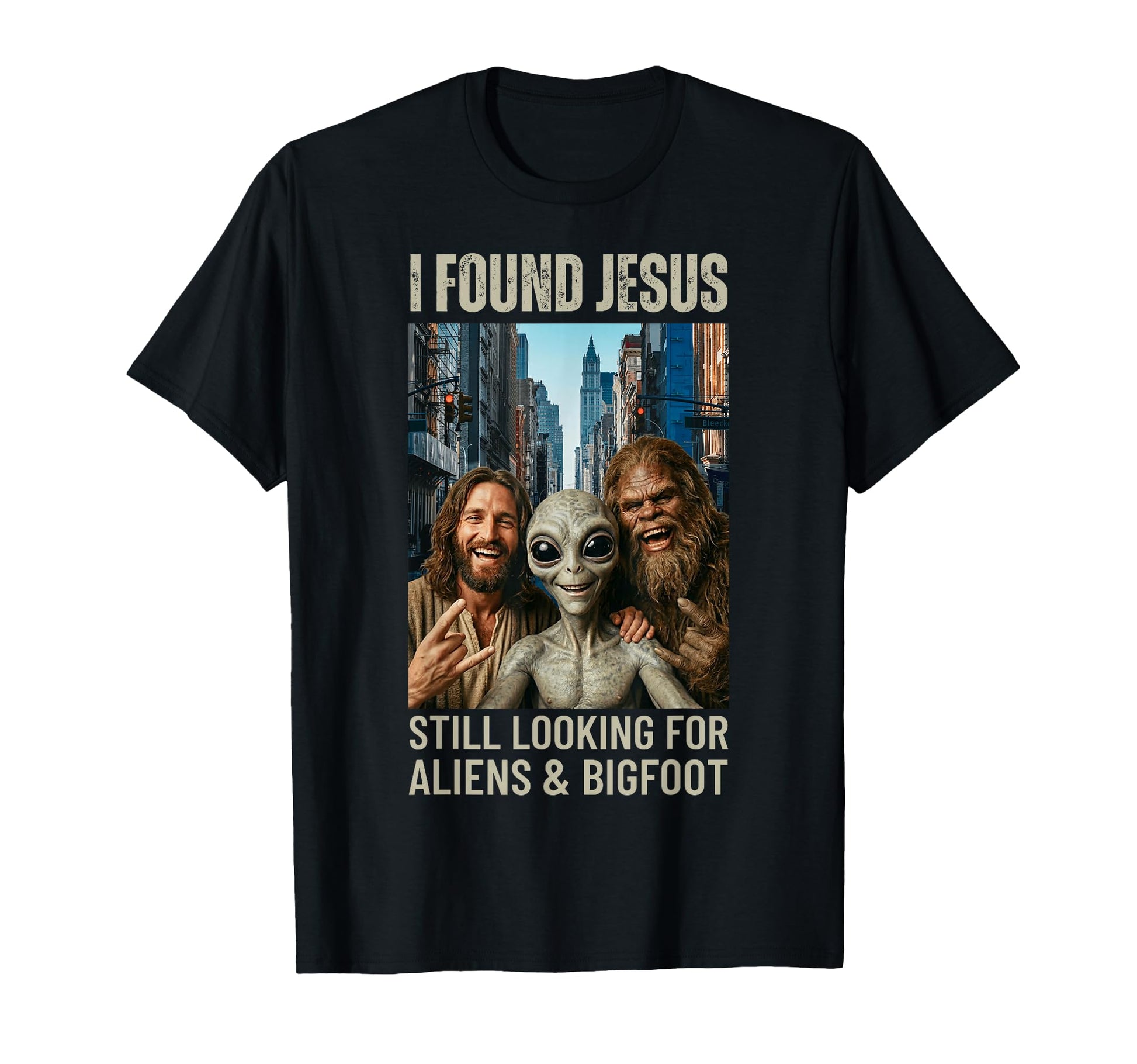 Funny Bigfoot Alien Jesus Rock Hand T-Shirt - Novelty Apparel Men Women - T-Shirt, Sweatshirt, Hoodie