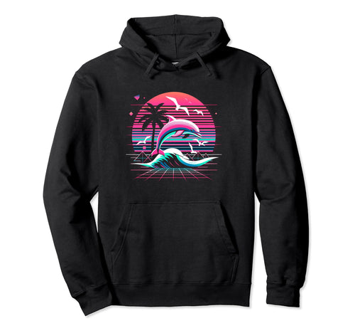 Dolphin Palm Sunset Vaporwave 80S 90S Hoodie - Novelty Apparel Unisex - T-Shirt, Sweatshirt, Hoodie