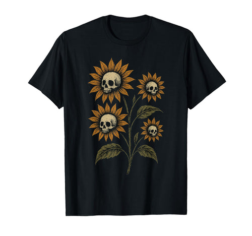 Skull Sunflowers Gothic Goth Creepy T-Shirt - Unique Graphic for Adults - T-Shirt, Sweatshirt, Hoodie