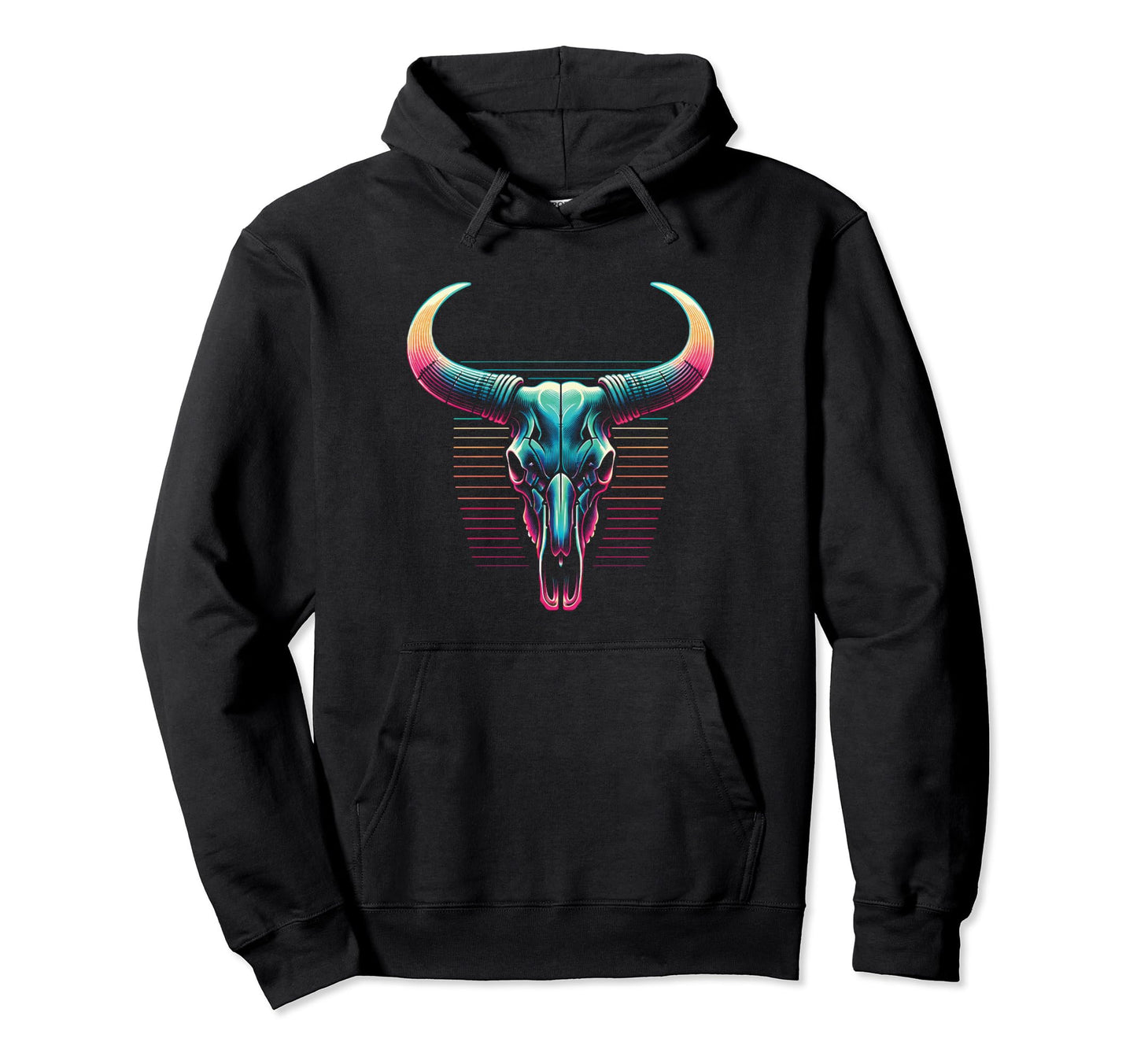 Longhorn Skull Vaporwave Cow Cattle Hoodie - Novelty Apparel for Adults - T-Shirt, Sweatshirt, Hoodie